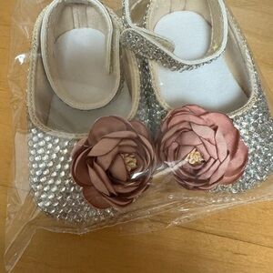 Sparkling Silver Baby Shoes with Pink Flower